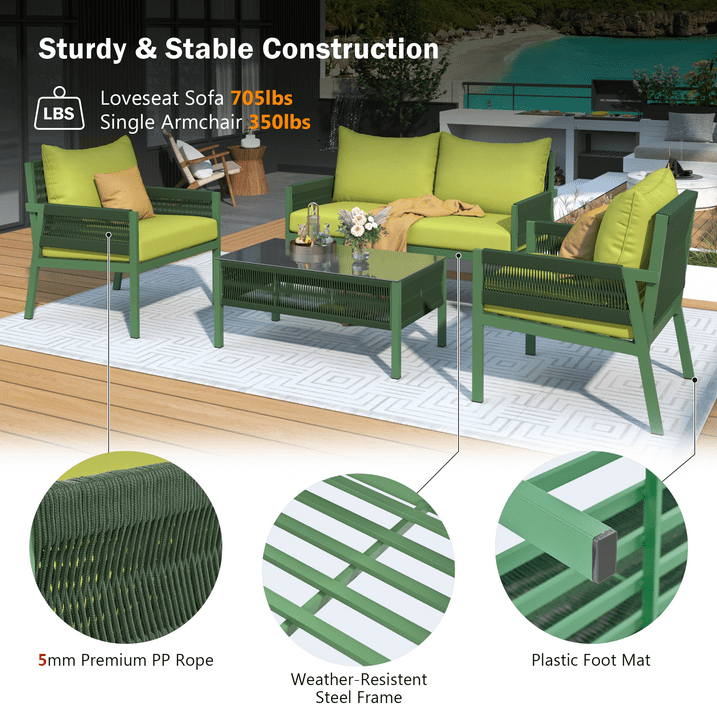 Segmart Wicker Patio Furniture Sets, 4PCS Outdoor Wicker Patio Sectional Sofa w/4 Padded Cushions, Tempered Glass Coffee Table, Armchair, Conversation Sets for Porch Backyard Garden, Gray