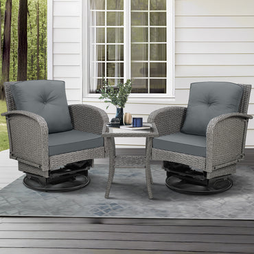 3pcs Patio Furniture Set on Sale, Rattan Outdoor Conversation Set of 2, Patio Bistro Set w/ 360° Swivel Rocking Chairs & Table, Gray Thickened Cushions