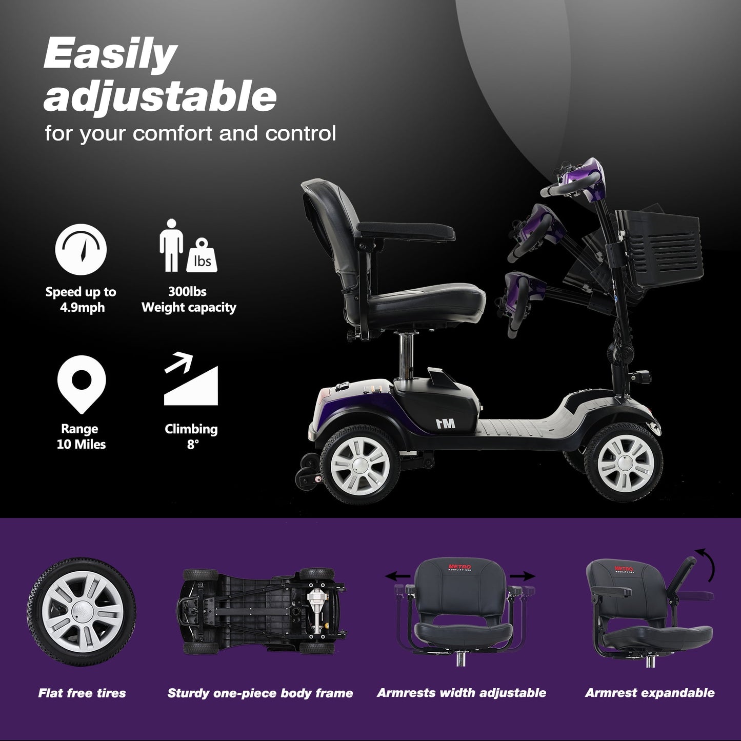 Outdoor Motorized Electric Carts for Senior, Heavy Duty Electric Scooters with 4 Wheel, Sliding Swivel Seat with Flip-Up Armrests for Adults, Easy Assembly, 300lbs, Purple, SS1432