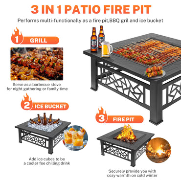 32" Fire Pits for Outside, Updated Segmart Outdoor Firepit with Fireplace Screen, Lid Square Wood Burning Fireplace Heater/Ice Pit for Camping, Outdoor Heating, Bonfire and Picnic, Black