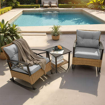 Segmart 3 Pieces Outdoor Patio Bistro FurnitureSet, PE Wicker Rattan Front Porch Conversation Chairs with Cushions Outside & Coffee Table, Max Weight 250LBS, Gray