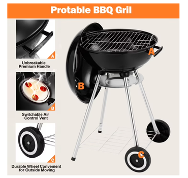 Segmart BBQ Charcoal Grill for Outdoor, 18 Inch Portable Kettle Charcoal Grill with Wheels, Barbecue Oven for Patio, Backyard, Camping, Black