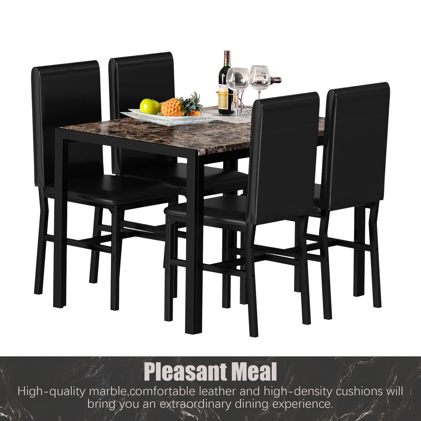 Kitchen Dining Table Set, Metal Kitchen Table Sets with 4 Chairs, Faux Marble Rectangular Breakfast Table w/Metal Legs & Black Finish Frame, Dining Table Sets for an Apartment Breakfast, SS1288