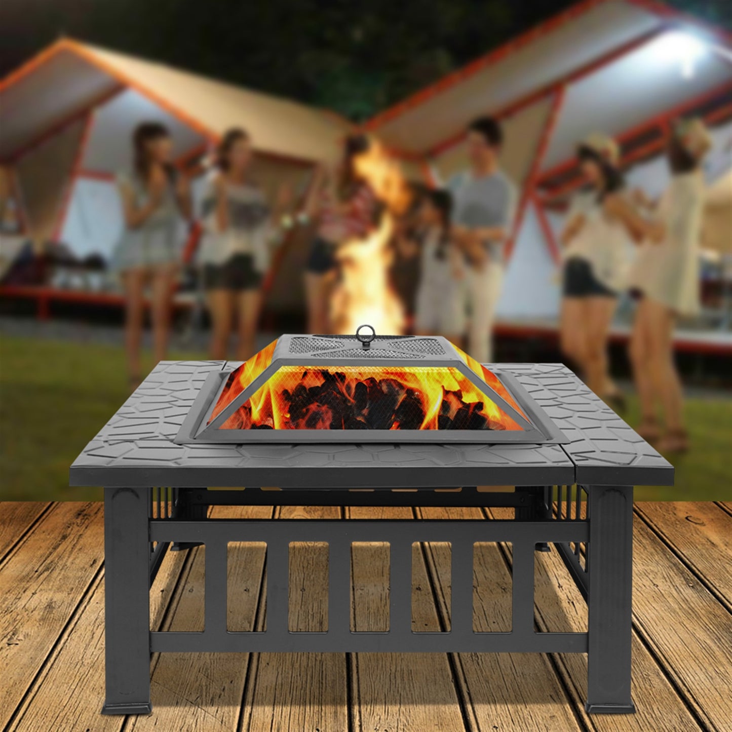 Firepit for Outside, SEGMART 32" Outdoor Fire Pit, Wood Burning Metal Square Fire Pit Table with Fire Poker, Grill for Camping, Outdoor Heating, Bonfire and Picnic, Black