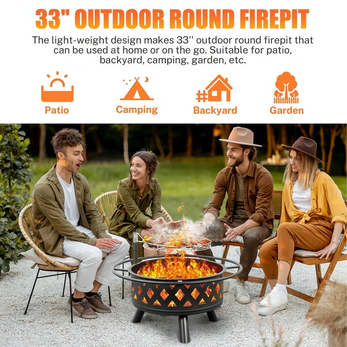 Segmart Fire Pit with Grill Grate, 30'' Outside Round Wood Burning Cooking Bonfire Firepit Bowl with Spark Screen, Diamond Vents Decor Firepit for Outdoor Backyard Garden Patio Bonfire BBQ, Black