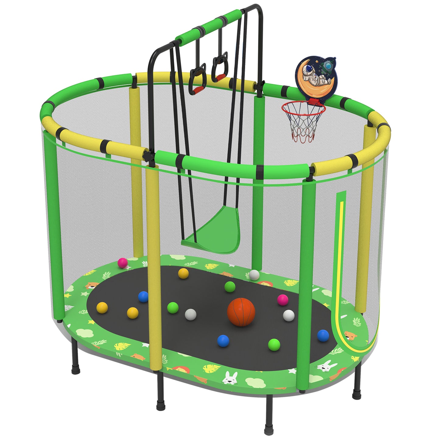 60" Kids Trampoline with Swing, Horizontal Bar, SEGMART 4-in-1 Oval Toddler Trampoline with Enclosure Safety Net, Outdoor Indoor Backyard Recreational Trampoline for Kids, Toddlers, Baby