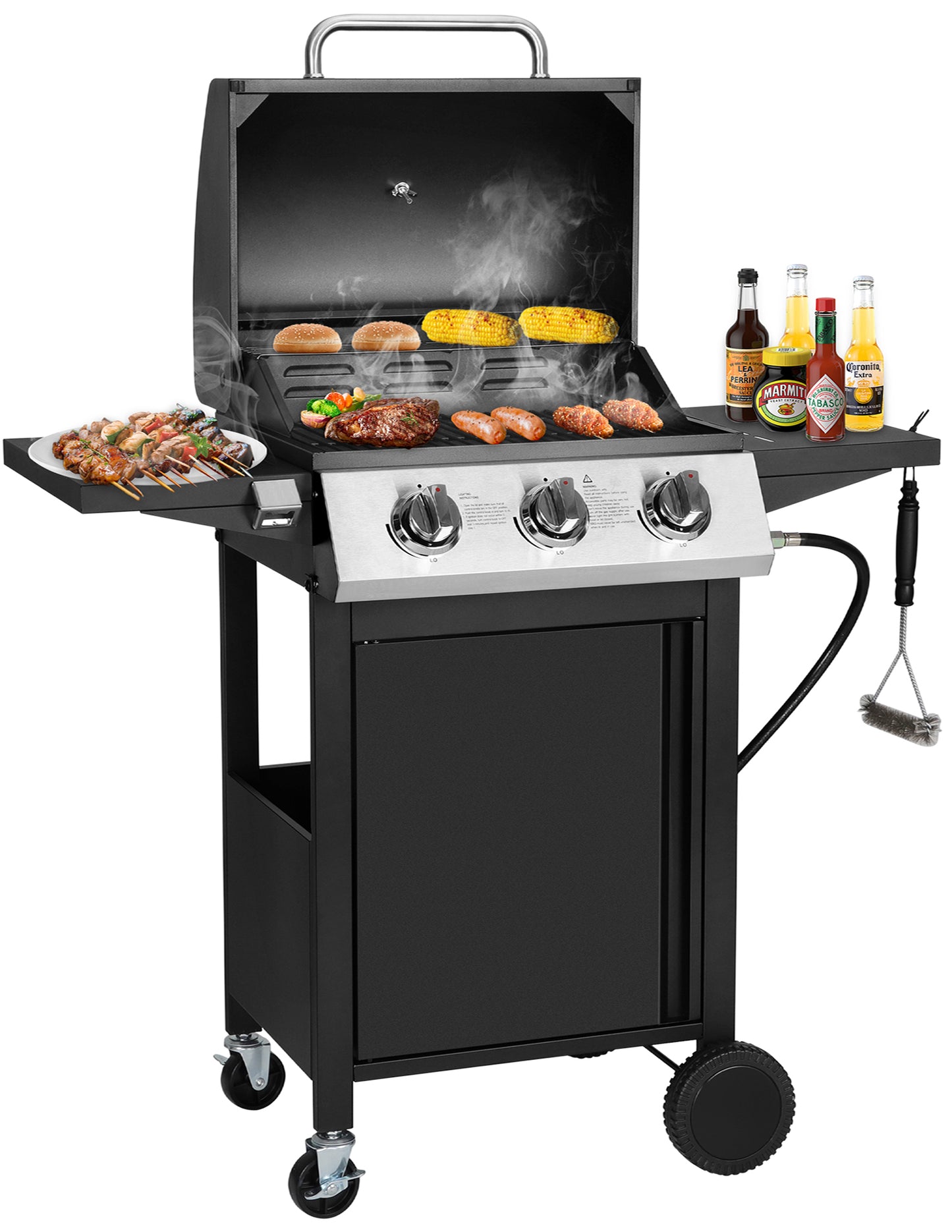 SEGMART 4 Burner BBQ Propane Gas Grill, Stainless Steel 34,200 BTU Patio Garden Barbecue Grill with Side Table & Thermometer, Perfect for Camping, Outdoor Cooking