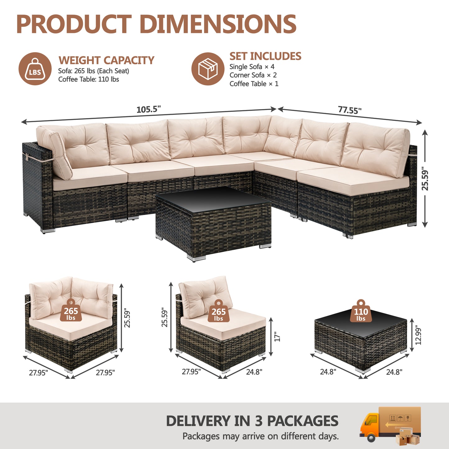 Patio Outdoor Furniture Sets, 7 Pieces All-Weather Rattan Sectional Sofa with Tea Table & Cushions, PE Rattan Wicker Sofa Couch Conversation Set for Garden Backyard Poolside
