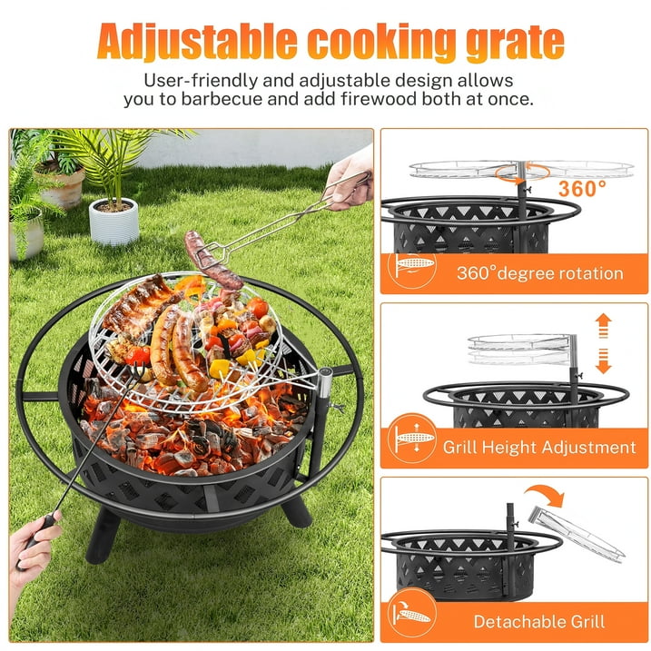 Segmart Fire Pit with Grill Grate, 30'' Outside Round Wood Burning Cooking Bonfire Firepit Bowl with Spark Screen, Diamond Vents Decor Firepit for Outdoor Backyard Garden Patio Bonfire BBQ, Black