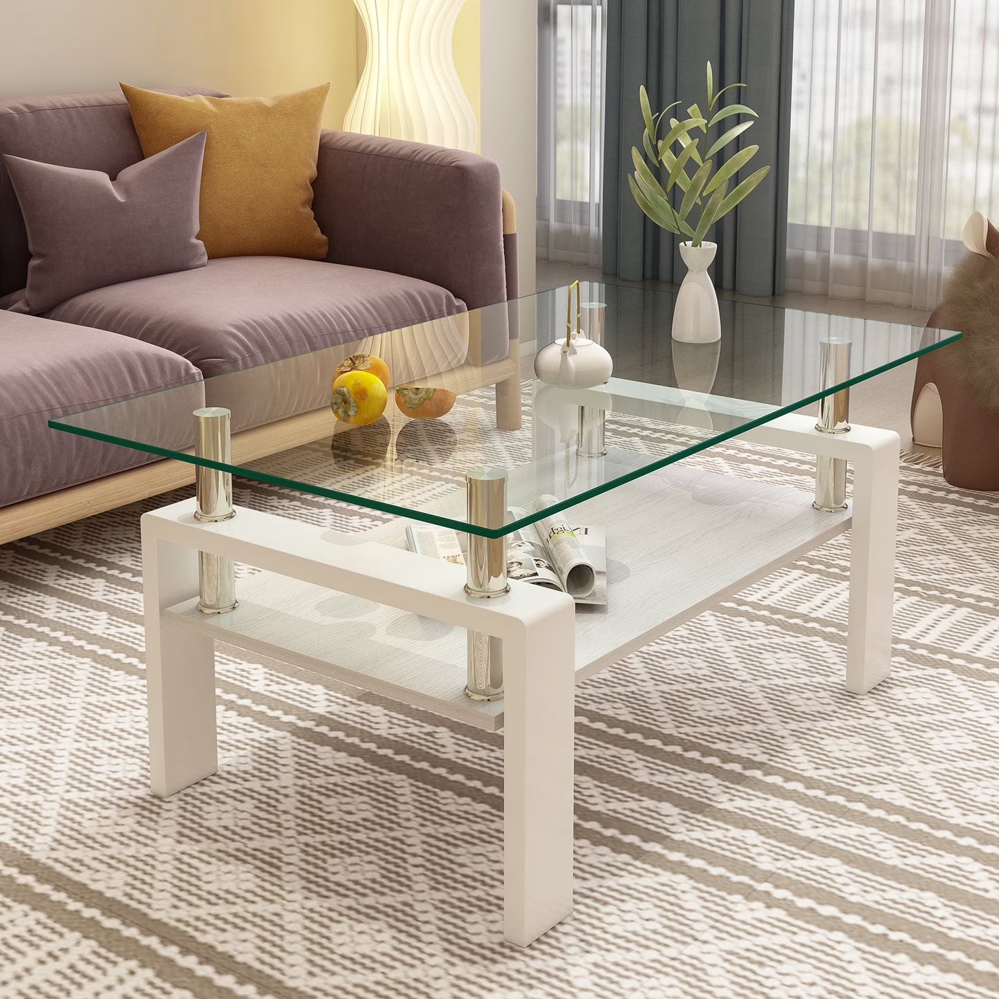 SEGMART Glass Coffee Table, Rectangle Coffee Table, Tea Table, Modern Side Coffee Table with Iron Leg, Glass Tabletop with Lower Shelf, Modern Dining Center Table for Home Living Room Office