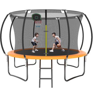 12ft Trampoline with Enclosure Net on Clearance for Kids Adults, SEGMART Round Trampoline with Basketball Hoop, Heavy Duty Outdoor Recreational Trampoline with Ladder, Blue