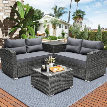 SEGMART Patio Rattan Sectional Couch Set, 4 Piece Outdoor Wicker Furniture Set, Elegant Cushioned Sofa Set, Conversation Chair Set with Storage Box & Table for Backyard, Lawn, Poolside