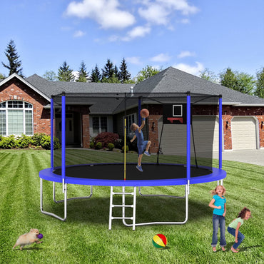 14FT Trampoline with Enclosure for Kids and Adults, SEGMART Upgraded Kids Recreational Outdoor Trampoline with Basketball Hoop, Ladder, Heavy Duty Round Backyard Trampoline for Indoor Outdoor