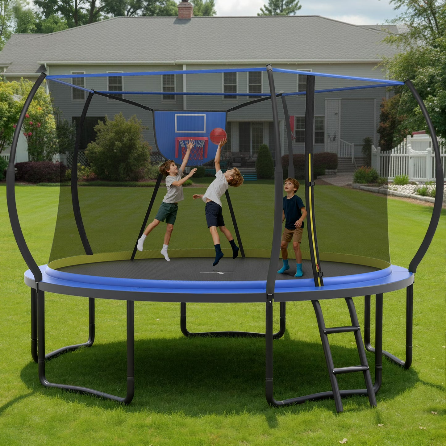 14FT Trampoline with Enclosure for Kids Adults, SEGMART Outdoor Pumpkin Round Recreational Trampoline with No-Gap Design, Heavy Duty Backyard Trampoline with Ladder, Spring Pading for Indoor Outdoor