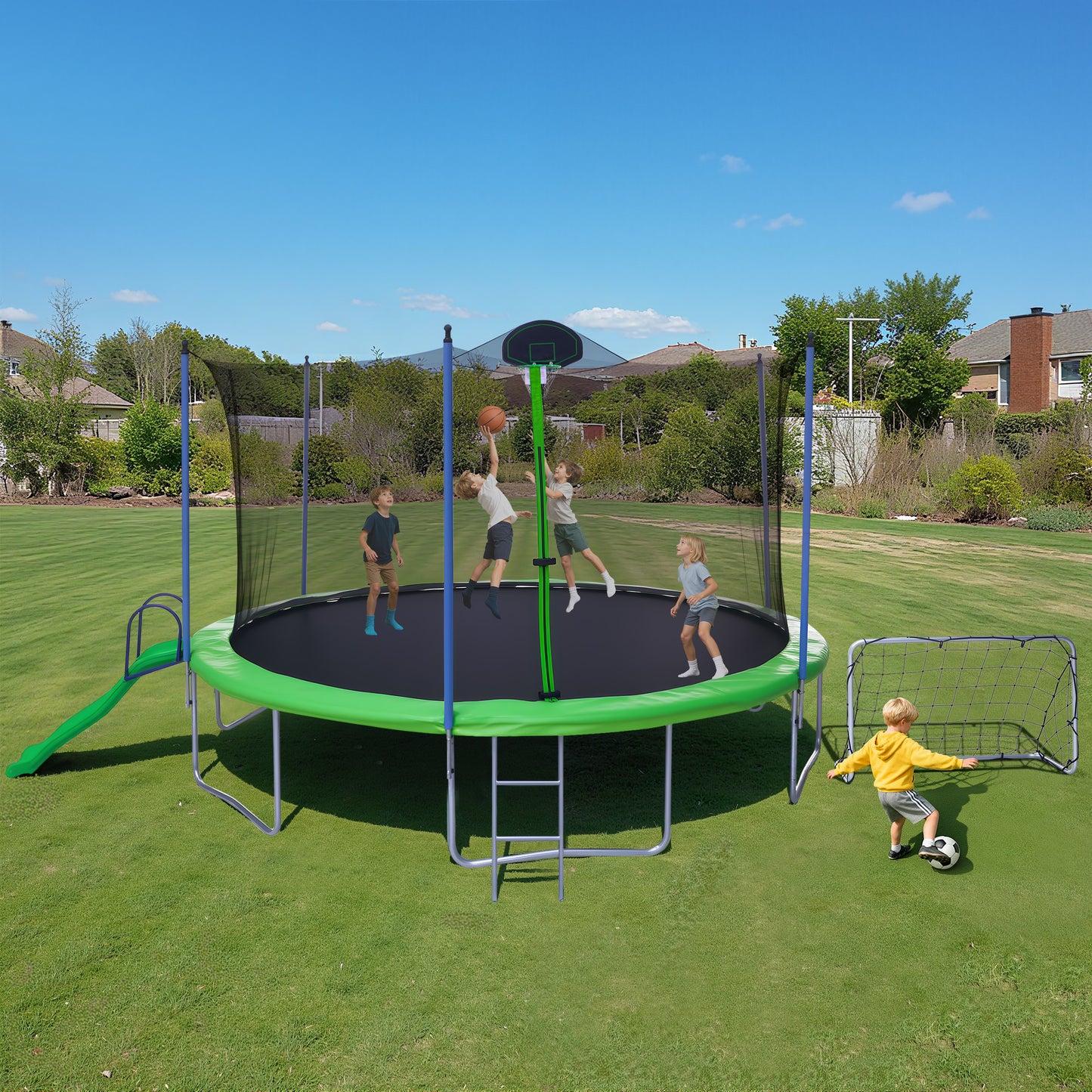 12FT Trampoline with Slide, Swings, SEGMART Recreational Trampoline with Basketball Hoop and Ladder, Heavy Duty Outdoor Backyard Trampoline with Net for Kids and Adults, Green
