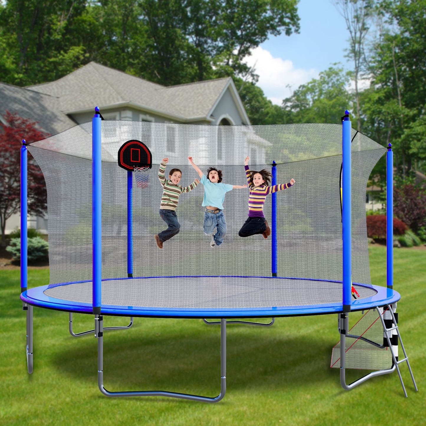 16FT Trampoline with Soccer Goal, SEGMART Recreational Trampoline with Basketball Hoop and Ladder, Heavy Duty Outdoor Backyard Trampoline with Net for Kids and Adults, Green