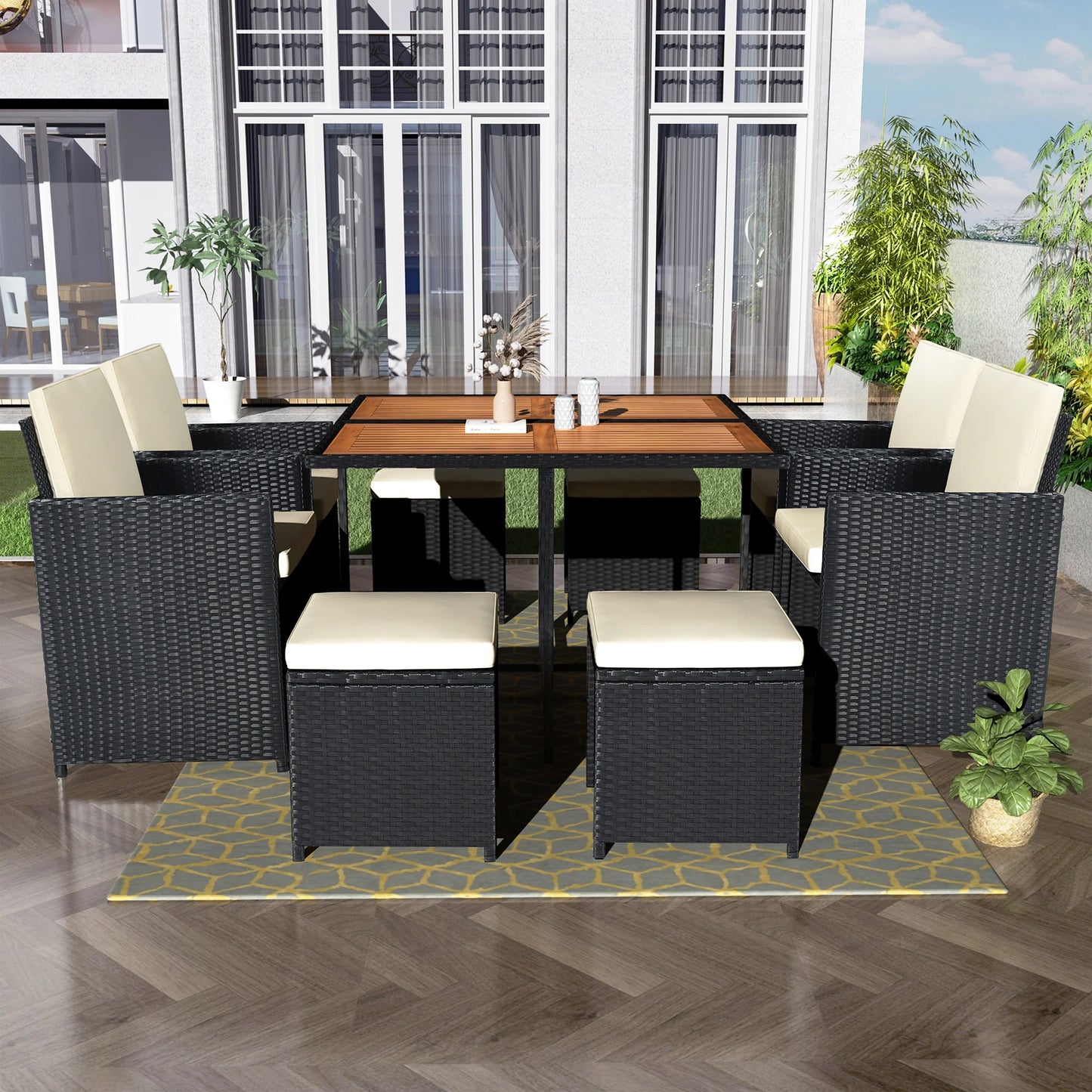 Wicker Patio Dining Set, 7PCS Outdoor Rattan Table & Chairs Set with Wooden Top & Padded Cushions, Deck Furniture Dining Table Set, Garden Porch Backyard Sectional Conversation Set