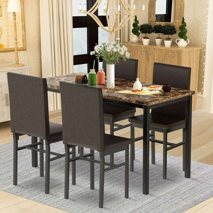 Kitchen Dining Table Set, Metal Kitchen Table Sets with 4 Chairs, Faux Marble Rectangular Breakfast Table w/Metal Legs & Black Finish Frame, Dining Table Sets for an Apartment Breakfast, S12528