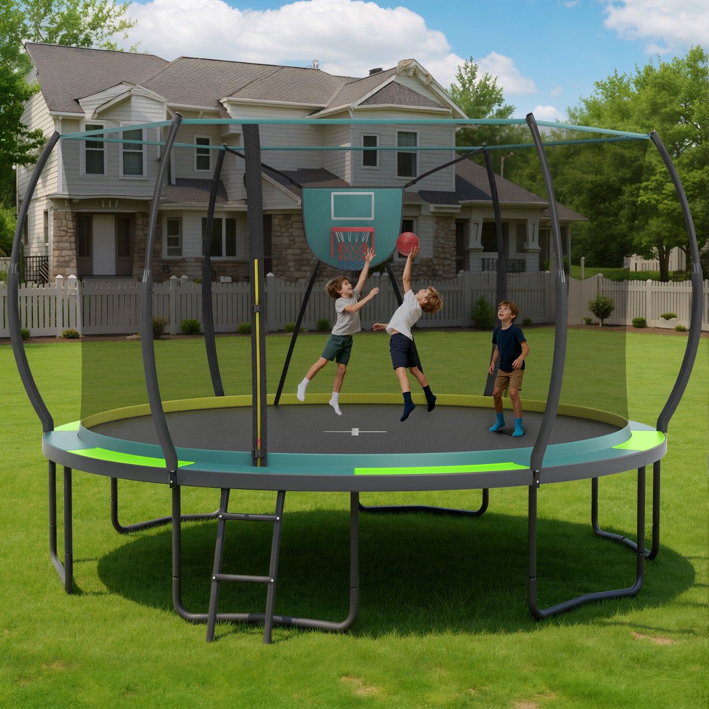 14FT Trampoline with Enclosure for Kids Adults, Outdoor Pumpkin Round Recreational Trampoline with No-gap Design, Heavy Duty Backyard Trampoline with Curved Fiberglass Poles for Indoor Outdoor