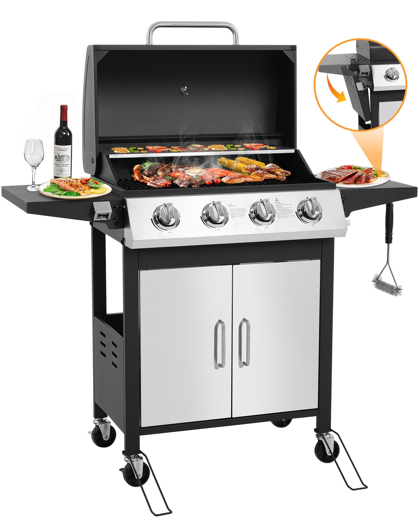 SEGMART 4 Burner BBQ Propane Gas Grill, Stainless Steel 34,200 BTU Patio Garden Barbecue Grill with Side Table & Thermometer, Perfect for Camping, Outdoor Cooking
