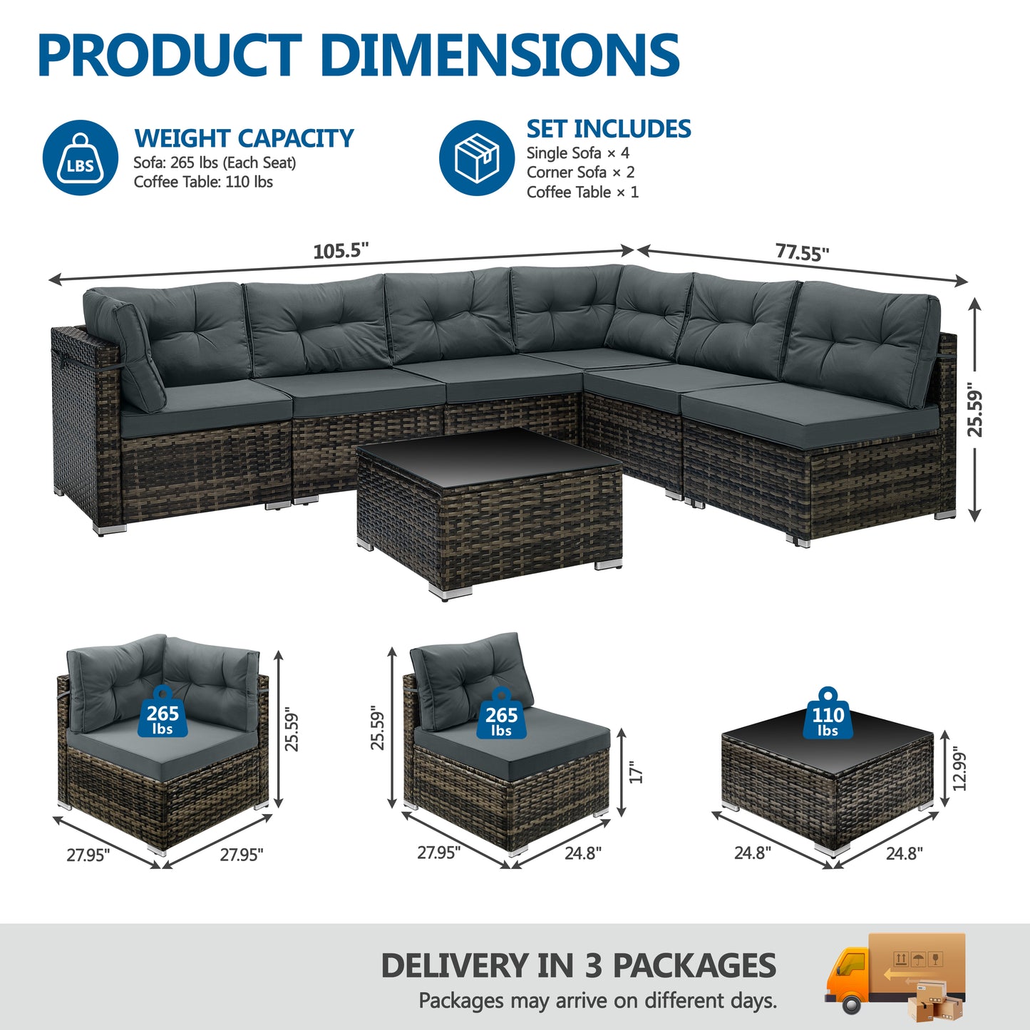 7 Piece Rattan Sectional Sofa Set, Outdoor Conversation Set, All-Weather Wicker Sectional Seating Group with Cushions & Coffee Table, Modern Furniture Couch Set for Patio Deck Garden Pool
