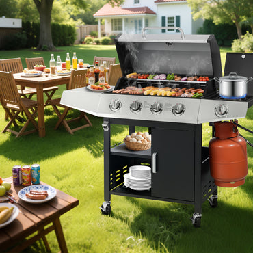 Segmart 4 Burner BBQ Propane Gas Grill with Side Burner, Stainless Steel 50,000 BTU Patio Barbecue Grill with Shelf, Gas Tank Hook, Towel Rack & Bottle Opener, Fits for Camping, Outdoor Cooking