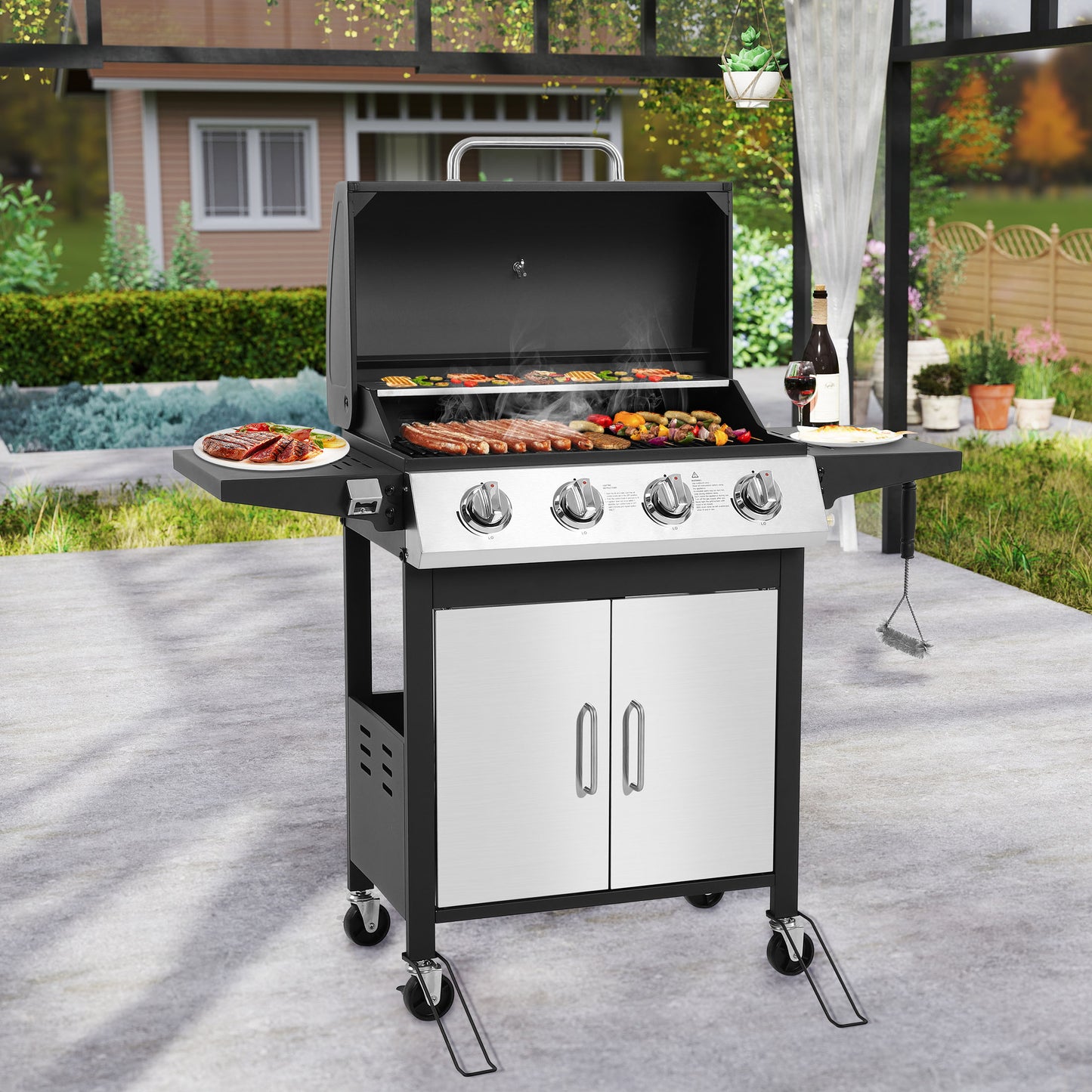 SEGMART 4 Burner BBQ Propane Gas Grill, Stainless Steel 34,200 BTU Patio Garden Barbecue Grill with Side Table & Thermometer, Perfect for Camping, Outdoor Cooking
