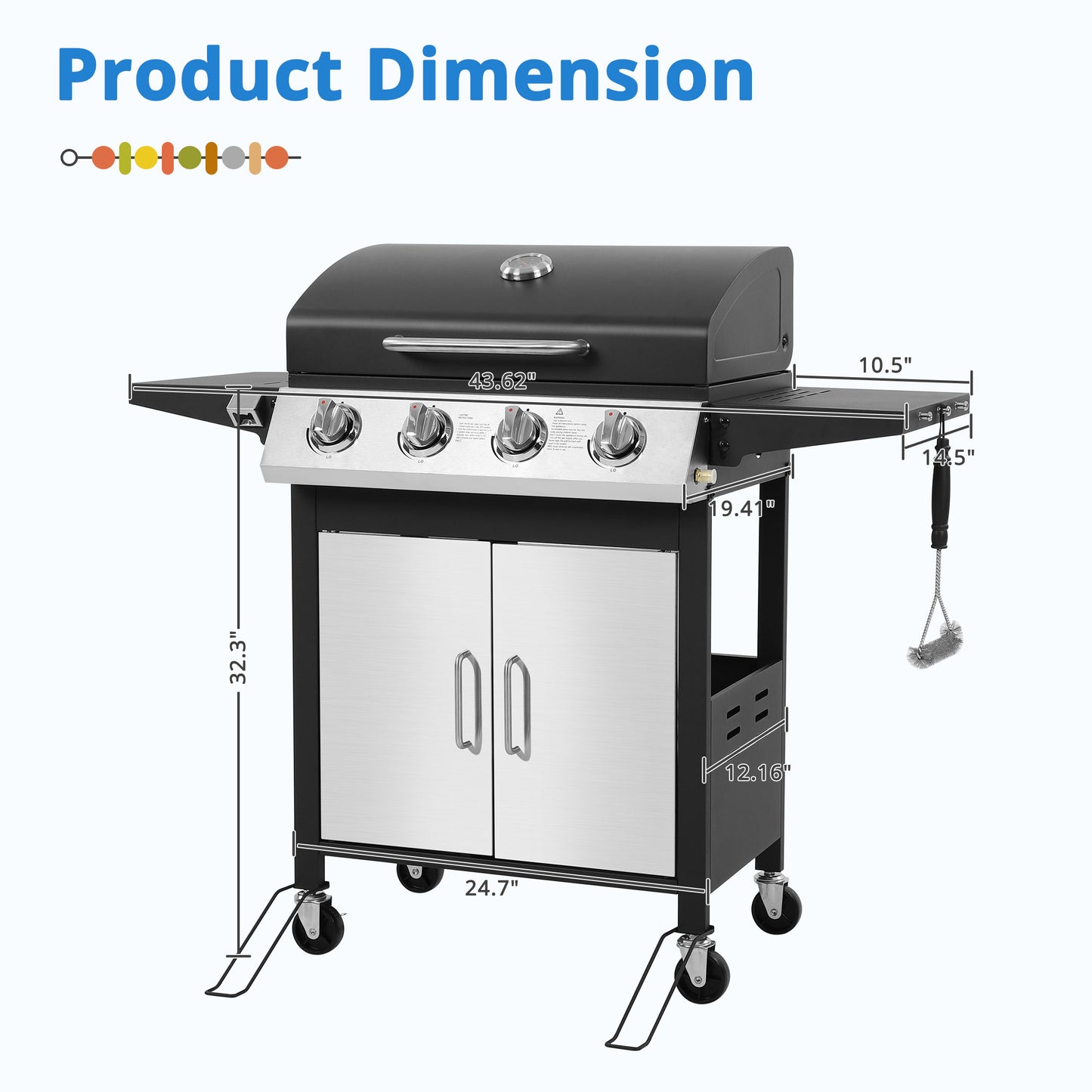 SEGMART 4 Burner BBQ Propane Gas Grill, Stainless Steel 34,200 BTU Patio Garden Barbecue Grill with Side Table & Thermometer, Perfect for Camping, Outdoor Cooking