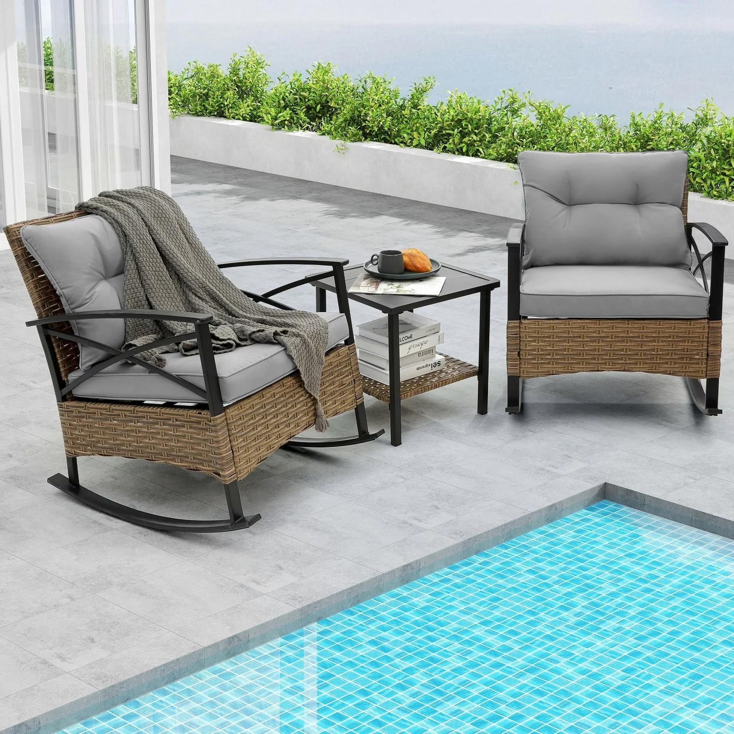 SEGMART 3 Piece Patio Furniture Set, Outdoor Bistro Set with 2 Rocking Chairs & Table, PE Rattan Wicker, Cushioned Seating for Backyard/Pub/Cafe, Easy Assembly
