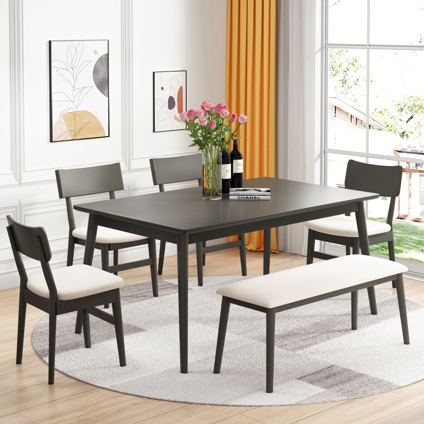 SEGMART Wood Dining Table and Chair Set of 6, Dining Room Set for 6 Persons with Bench, Rectangular Kitchen Table with 4 Microfiber Padded Chair Plus One Upholstered Bench, Farmhouse Kitchen Table Set