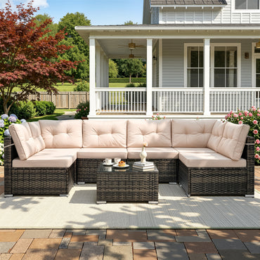 Patio Outdoor Furniture Sets, 7 Pieces All-Weather Rattan Sectional Sofa with Tea Table & Cushions, PE Rattan Wicker Sofa Couch Conversation Set for Garden Backyard Poolside