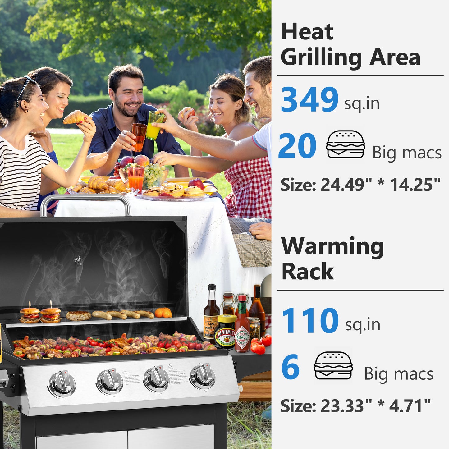 SEGMART 4 Burner BBQ Propane Gas Grill, Stainless Steel 34,200 BTU Patio Garden Barbecue Grill with Side Table & Thermometer, Perfect for Camping, Outdoor Cooking