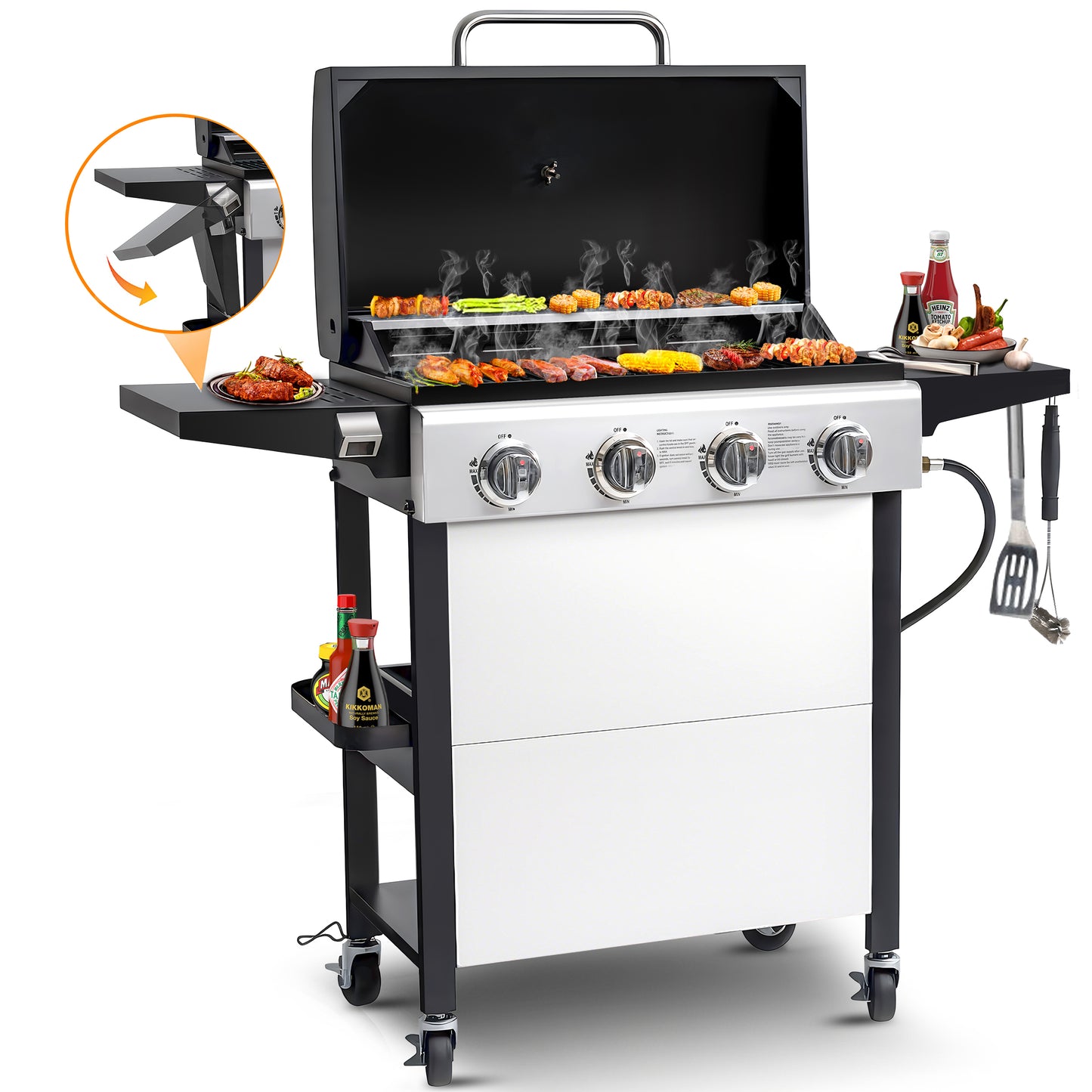 Segmart 3 Burner BBQ Propane Gas Grill, Stainless Steel 25,650 BTU Patio Garden Barbecue Grill with Folding Side Tables, Hanging Basket & Thermometer, Perfect for Camping, Outdoor Cooking