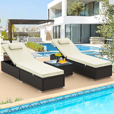3 Piece Patio Chaise Lounge Chair Set, Rattan Chaise Lounges with Table, Sun Chaise Lounge Furniture Set with Removable Cushion, Tanning Lounge Chair with 6 Adjustable Positions for Pool Deck, B4093