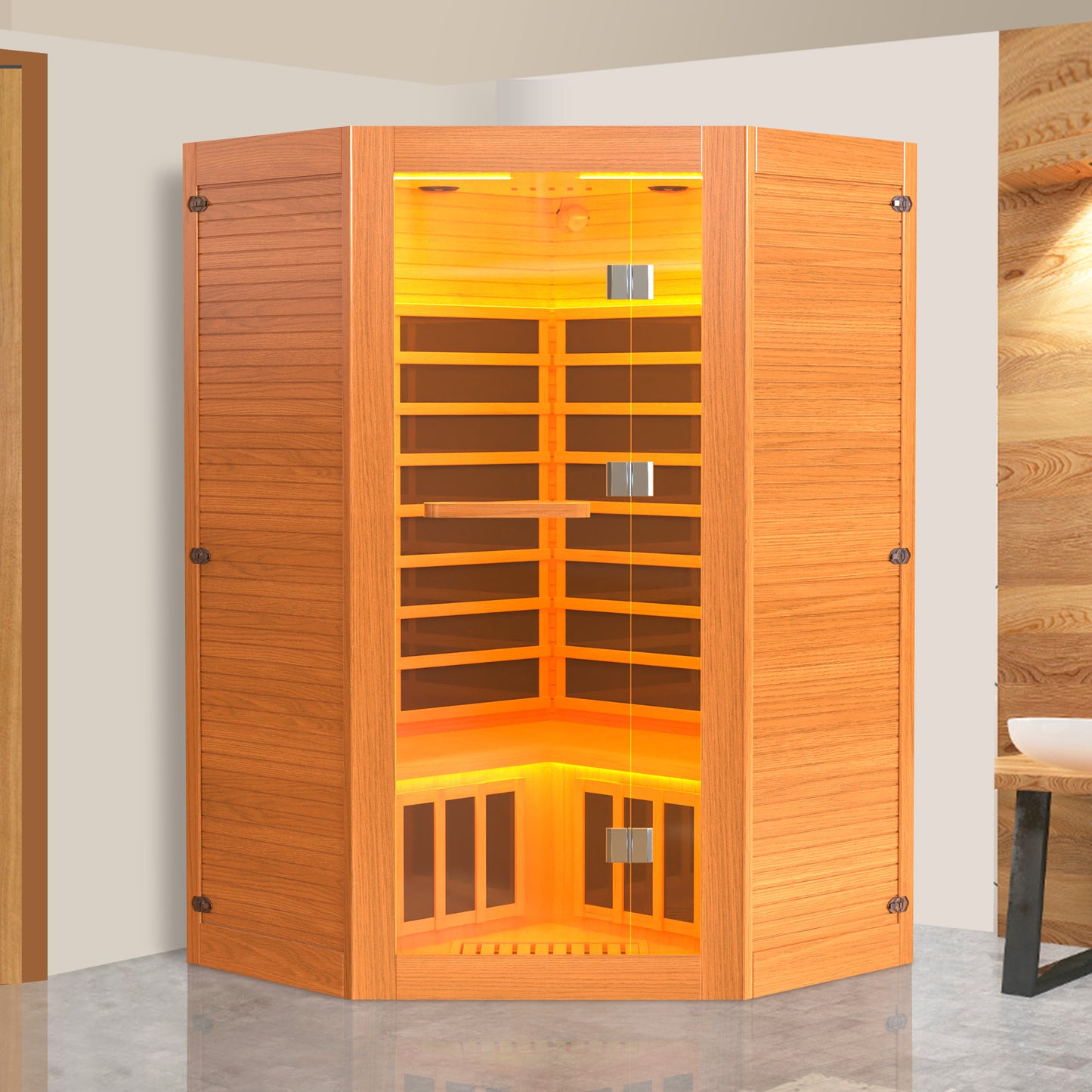 Segmart 2-3 Person Home Sauna, Far Infrared Sauna, 2100W Low EMF Infrared Hemlock Wood Sauna with Tablet Stand, Cup Holder, Bluetooth Speakers, 7 Color Ambient LED Strips