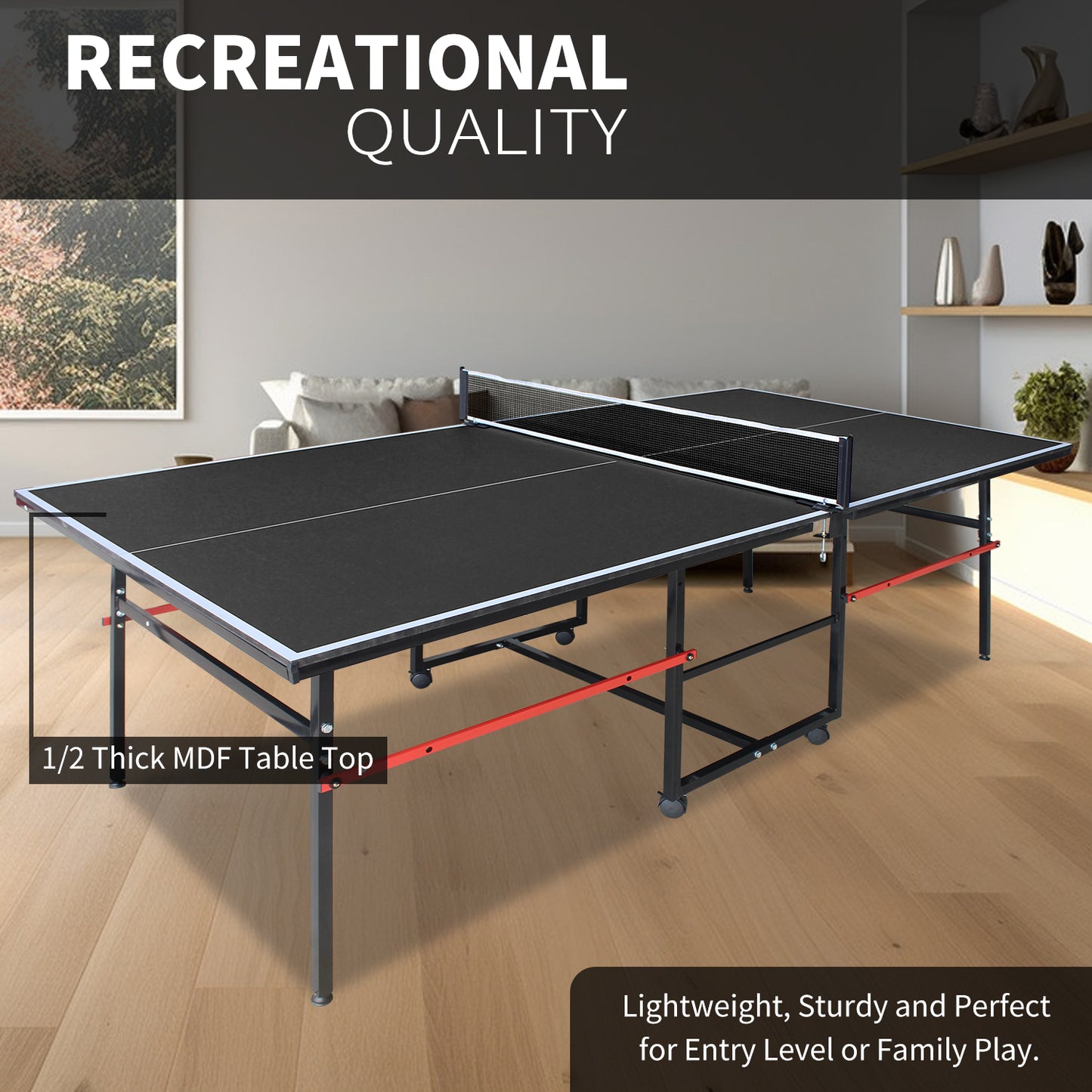 Mid-Size Table Tennis Table, SEGMART 8FT Foldable Outdoor Ping Pong Table with Net, 2 Table Tennis Paddles and 3 Balls, Portable Table Tennis Game Set for Indoor Outdoor, Black