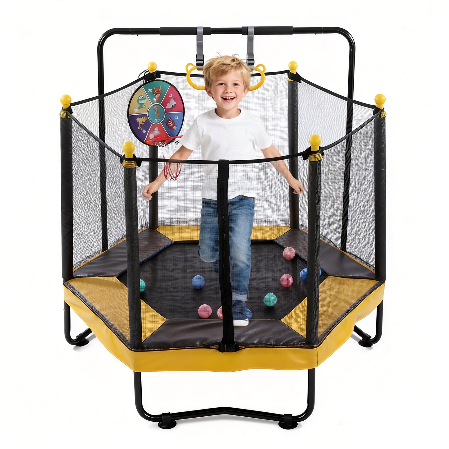 54" Toddler Trampolines for Kids with Enclosure Net, Indoor Outdoor Kids Trampoline for Toddlers, Mini Small Trampoline with Adjustable Gymnastics Bar, Ring, Basketball Hoop, Ocean Ball, Age 3+