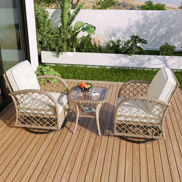 3PCS Rattan Patio Furniture Set, 2-person Luxurious Outdoor Chair Set with Table, Porch Bistro Wicker Swivel Rocker with Cushions