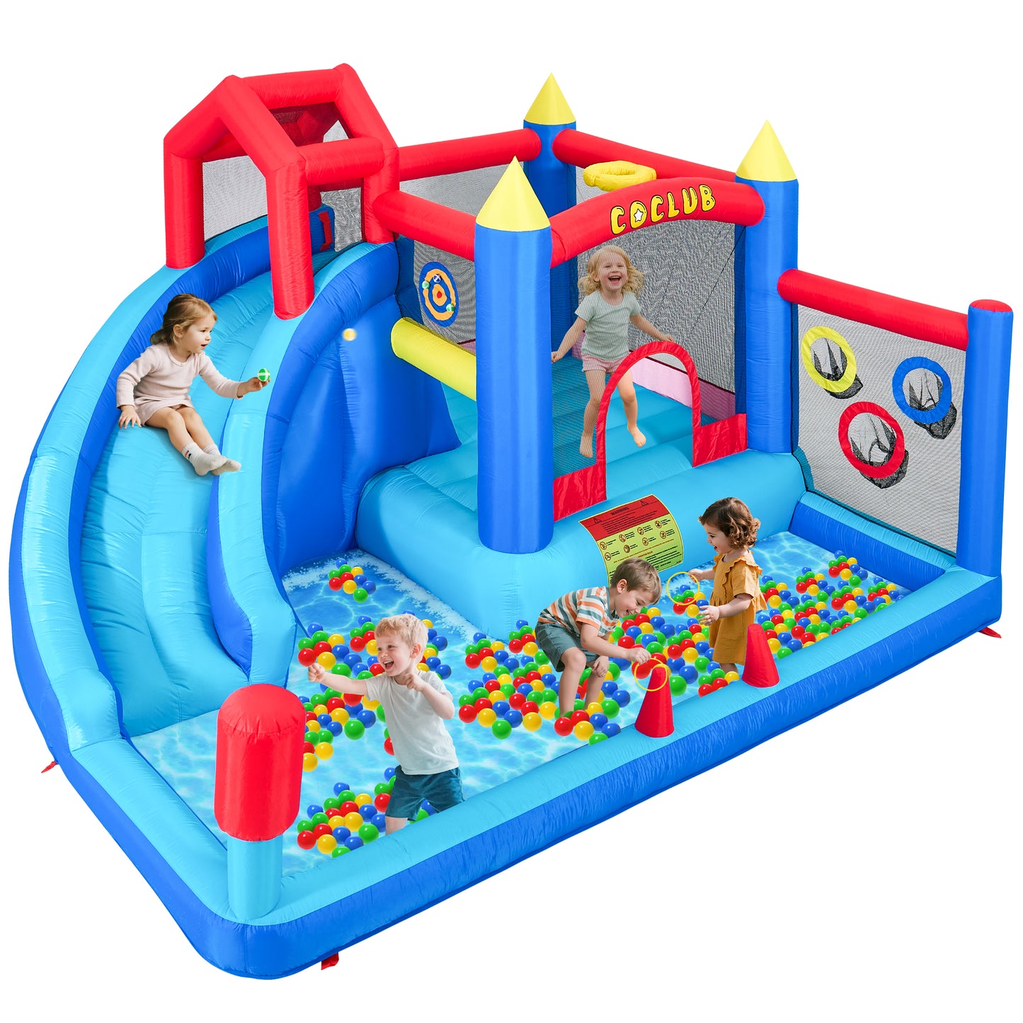 Inflatable Bounce House with Slide for Kids, 6 in 1 Inflatable Bouncer with Ball Holder, Basketball Rim, Ring Toss, Kids Jumper Bounce House with Ball Pool, Jumping Castle with Carrying Bag