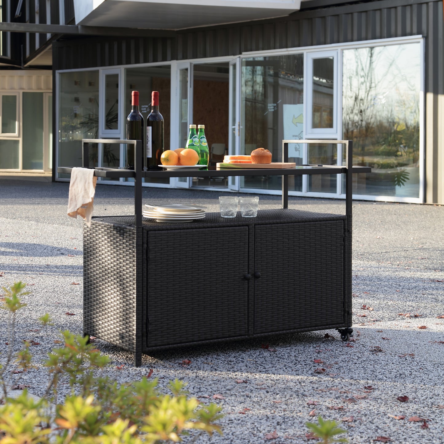 Outdoor Wicker Bar Cart, Portable Mobile Bar Table with Large Capacity Storage Cabinets ,Glass Countertop, Kitchen Island Cart, for Gardens, Pools, Patios, Indoors and Outdoors, Black.