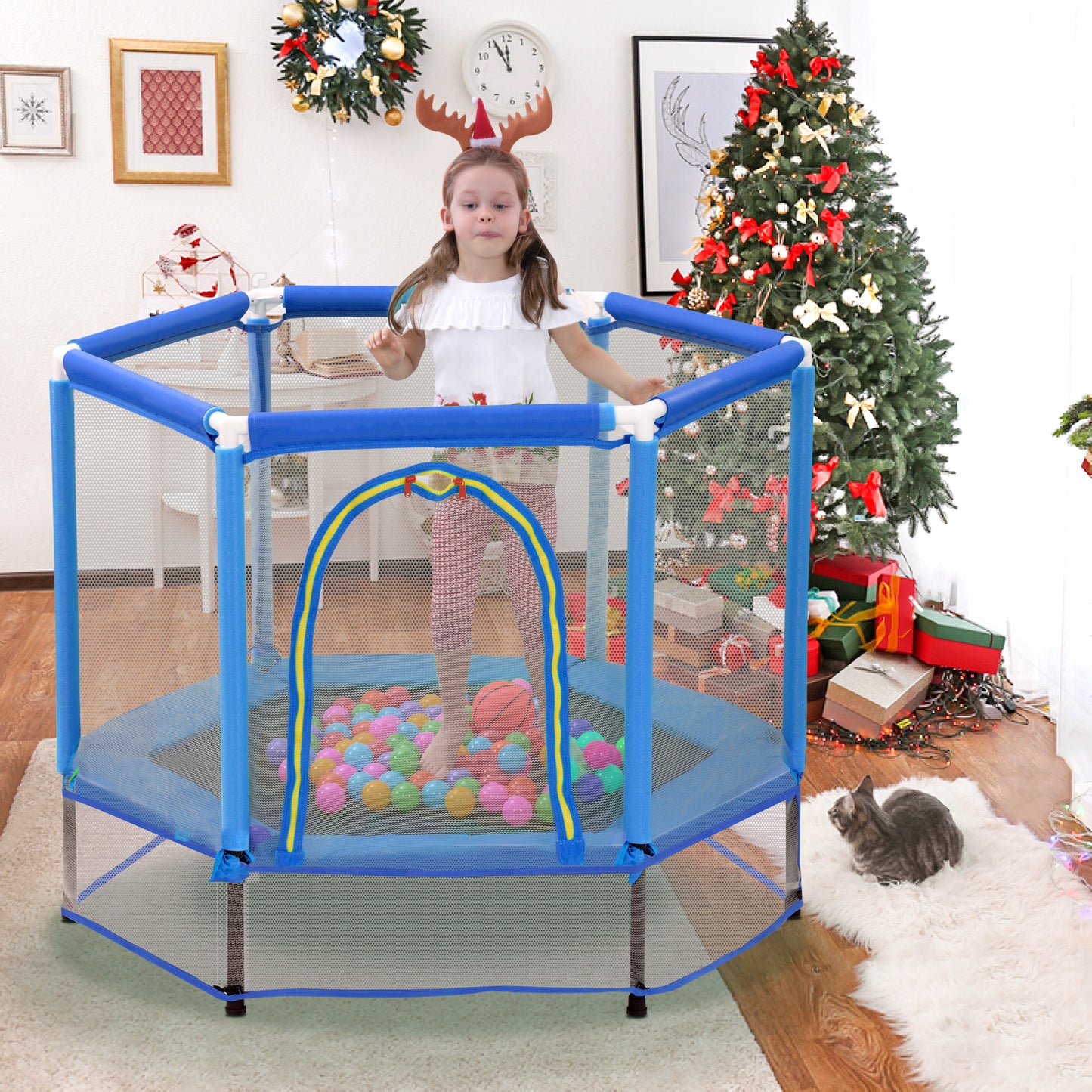 Mini Trampoline for Kids with Safety Enclosure Net, 60" Toddler Trampoline with No-Gap Safe Design, Segmart Recreational Trampolines for Birthday Gifts, Rebounder Trampoline with Ocean Balls, Pink