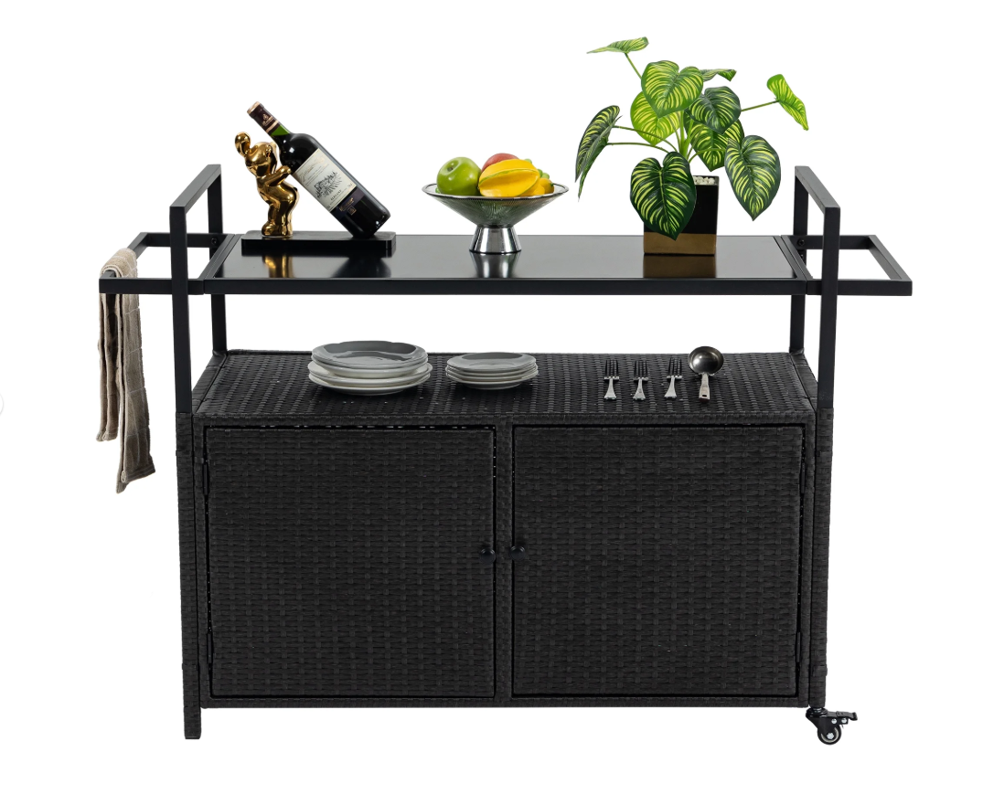 Segmart Outdoor movable rattan bar cart, terrace beverage bar table with glass countertop, black