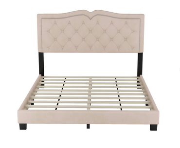 Segmart Queen Size Upholstered Bed Frame with Tufted Velvet Headboard, Rivet Trim, Sturdy Wooden Slats, No Box Spring Needed, Modern Platform Bed, Beige