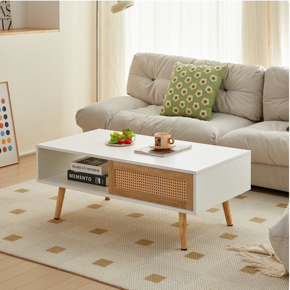 Rattan Coffee table,Modern Sofa End Table, with sliding door,Natural Wood Finish,Modern table for living room,for Living Room Bedroom, white