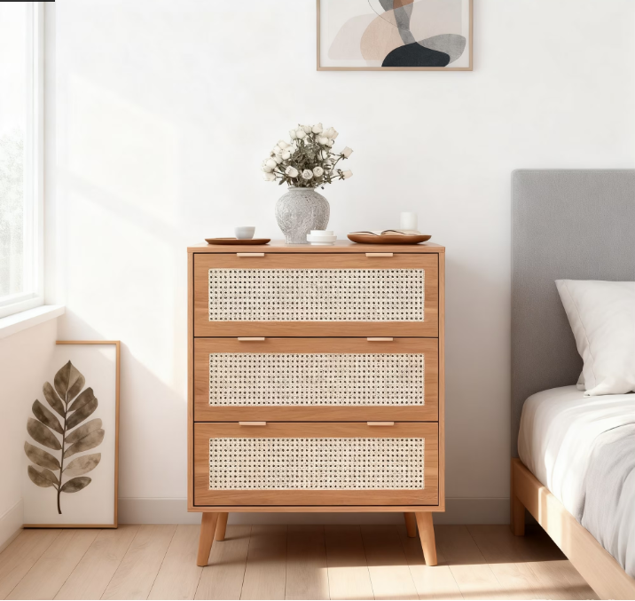 Sesslife three drawers cabinet,rattan drawer cabinet,Large-capacity storage cabinet,with metal slides and anti-tipping feature, for bedrooms, living rooms, entryways, and bedside tables,Walnut.