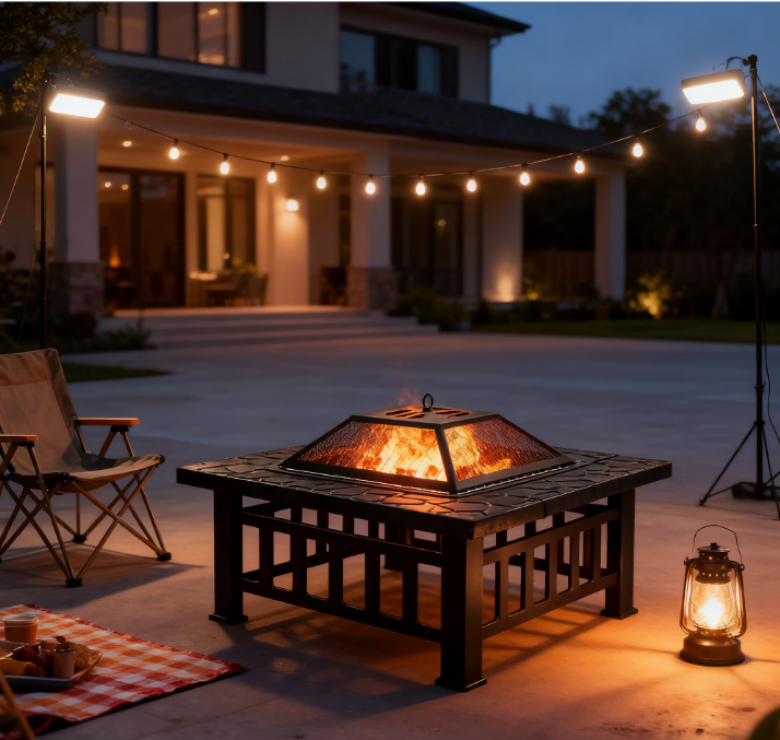 Fire Pits for Outside, 32" Multifunctional Fire Pit Table,with Mesh Lid, Grate, BBQ Grill and Poker, Backyard Patio Garden Outdoor Fire Pit//BBQ Fire Pit