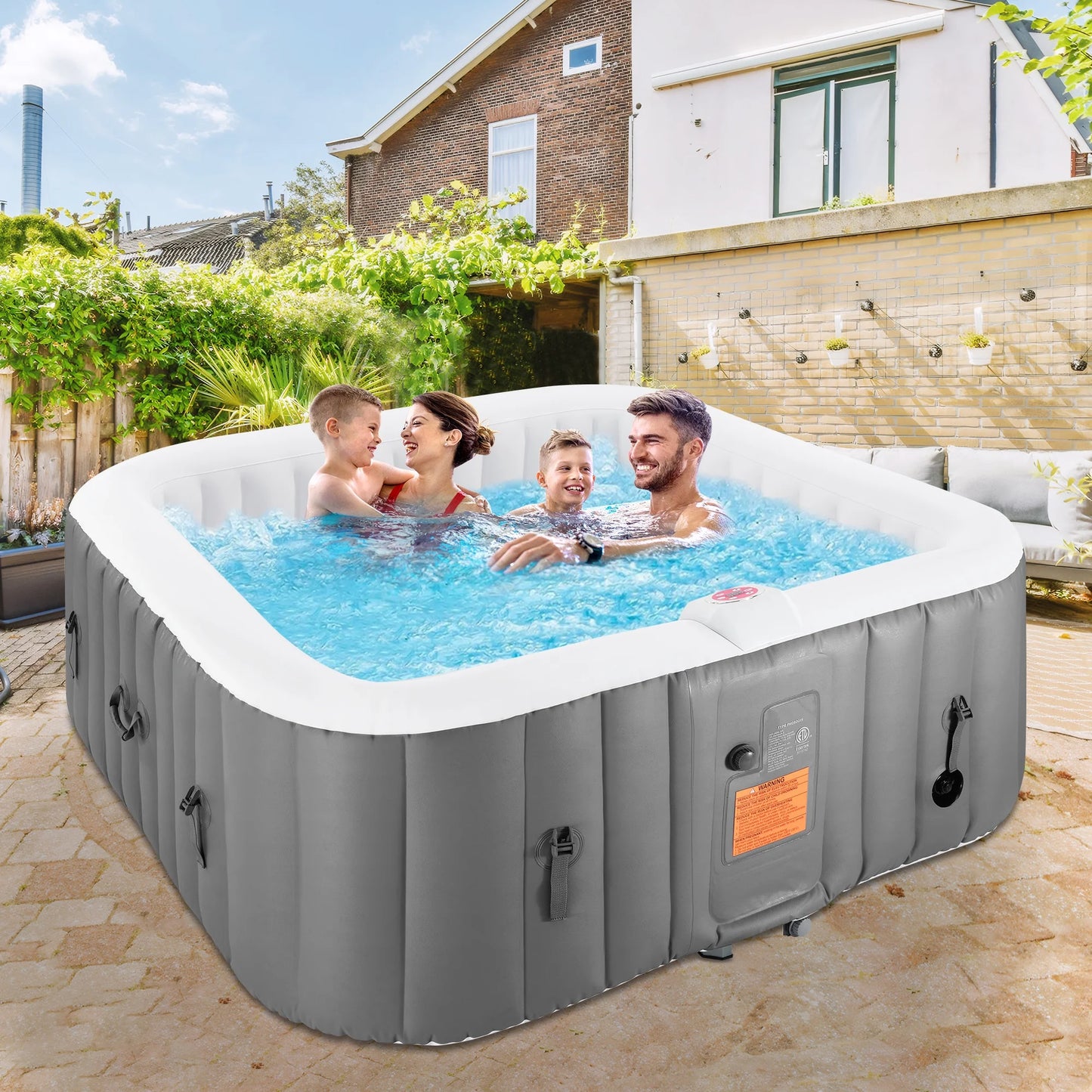 73 inch 4-6 Person Inflatable Hot Tub Spa with Control Panel, Outdoor Portable Hottub with 130 Jets, Insulated Tub Cover and Floor Protector, Temperature up to 104°F, Gray
