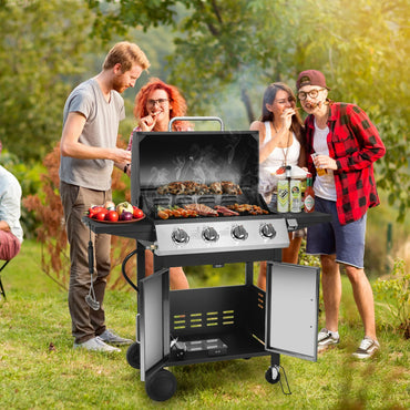 SEGMART 4 Burner BBQ Propane Gas Grill, Stainless Steel 40,000 BTU Patio Garden Barbecue Grill with Two Shelves, Doors & Thermometer, Perfect for Camping, Outdoor Cooking