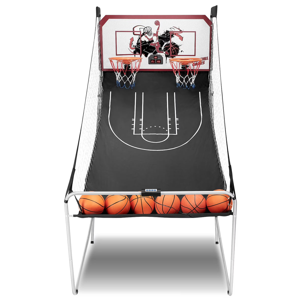 Foldable Basketball Arcade Game, 81" Electronic Dual Shot Basketball Games, Indoor Outdoor Basketball Game Machine with 8 Game Options, 6 Balls, LED Scorer, Steel Frame, Inflation Pump for Home