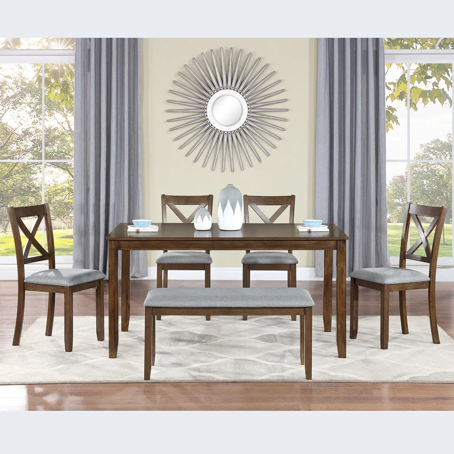 SEGMART Wood Dining Table and Chair Set of 6, Dining Room Set for 6 Persons with Bench, Rectangular Kitchen Table with 4 Microfiber Padded Chair Plus One Upholstered Bench, Farmhouse Kitchen Table Set